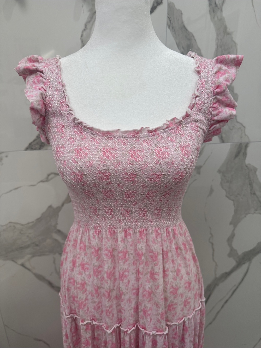 LoveShackFancy Chesie Pink Floral Smocked Maxi Dress Ruffle Straps Rosebud Print - Picture 4 of 10